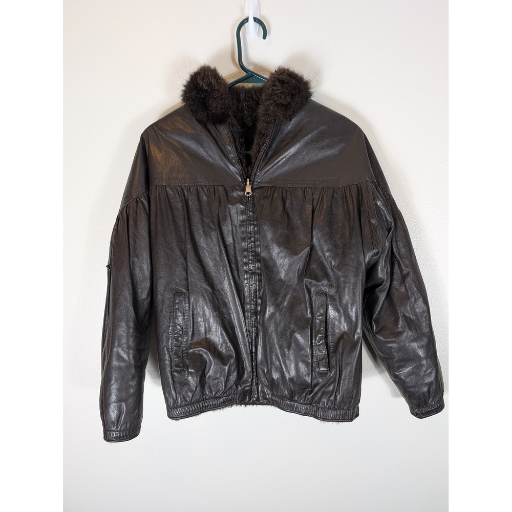Vintage Women's S 6 Opossum Brown Leather Bomber Jacket Dyed Fur Trim Lining